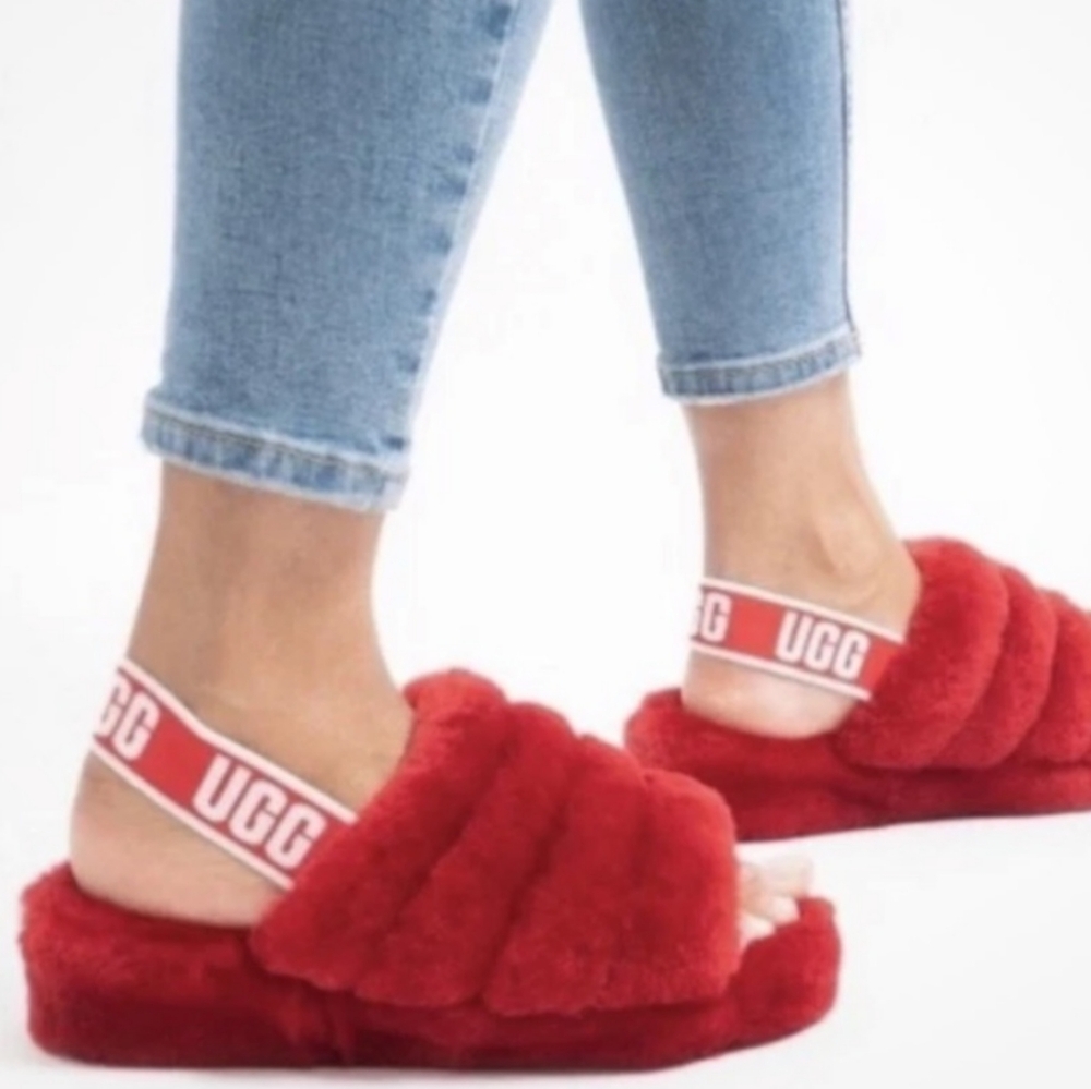 UGG Fluff Yeah Ribbon Red Sheepskin Slippers,‎ Red, Women's Size 5